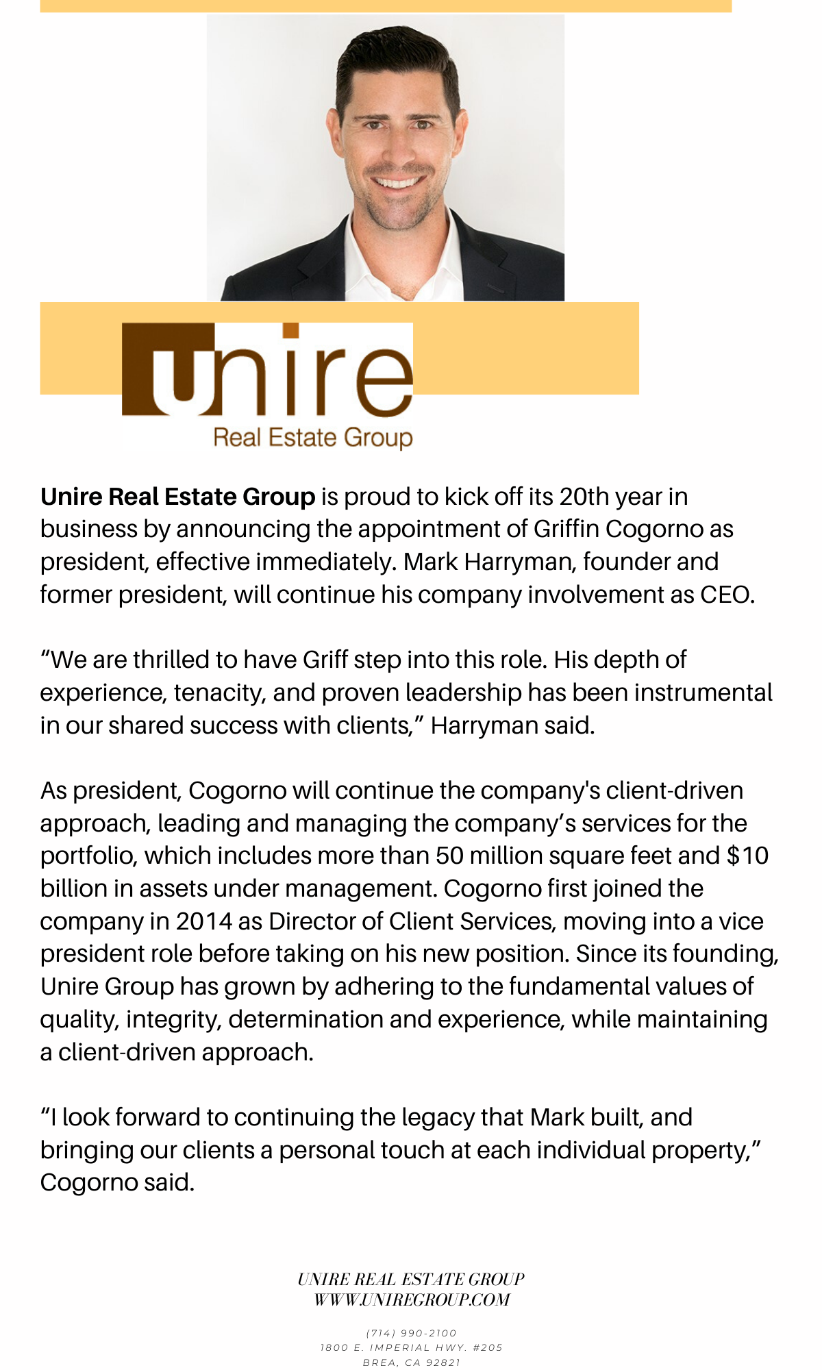 Unire Real Estate Group Celebrates 20 years, Appoints Cogorno as President