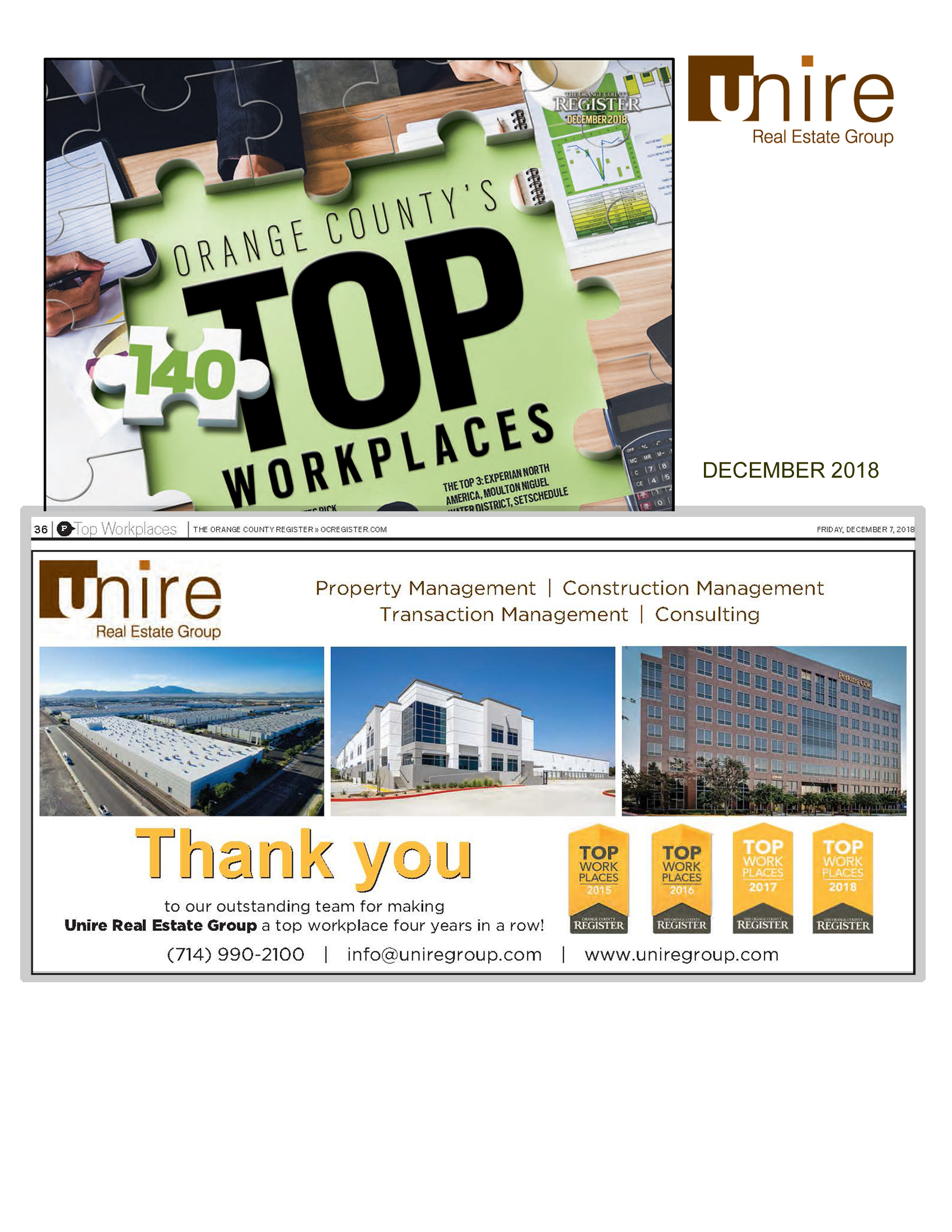 Unire Group Awarded Best Workplaces in Orange County for 4th Year in a row!